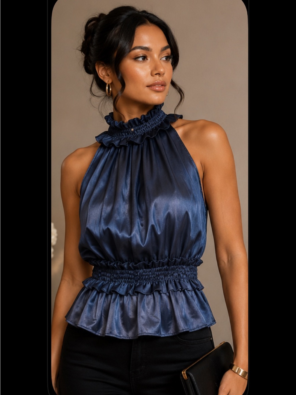Navy Satin Ruffled Halter Top - Women